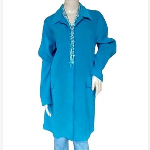 Denim & Co. Beautiful Teal Long Jacket With Flap Pockets On Front.